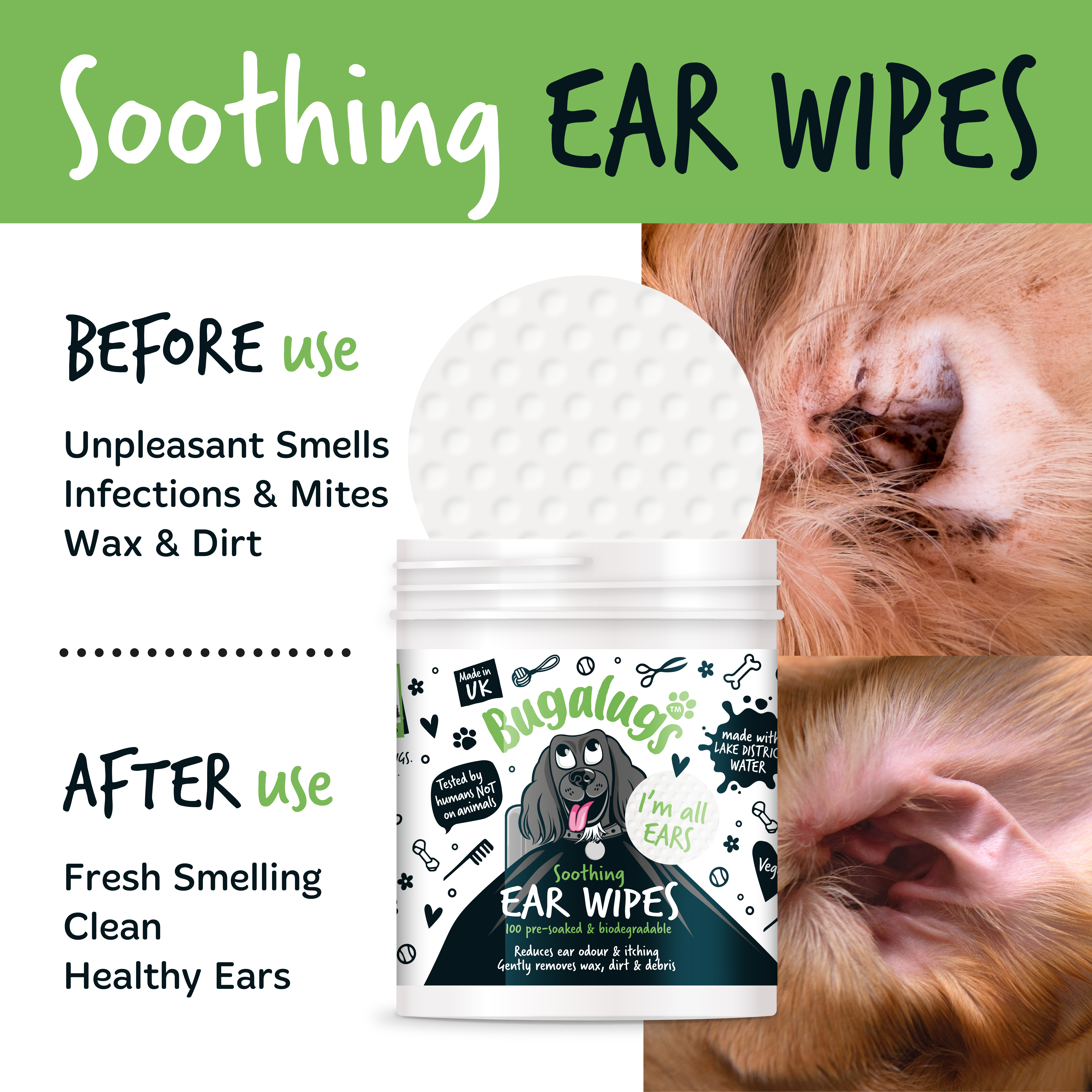 Bugalugs Soothing Ear Wipes (100 pre soaked Bio-Degradable Wipes)