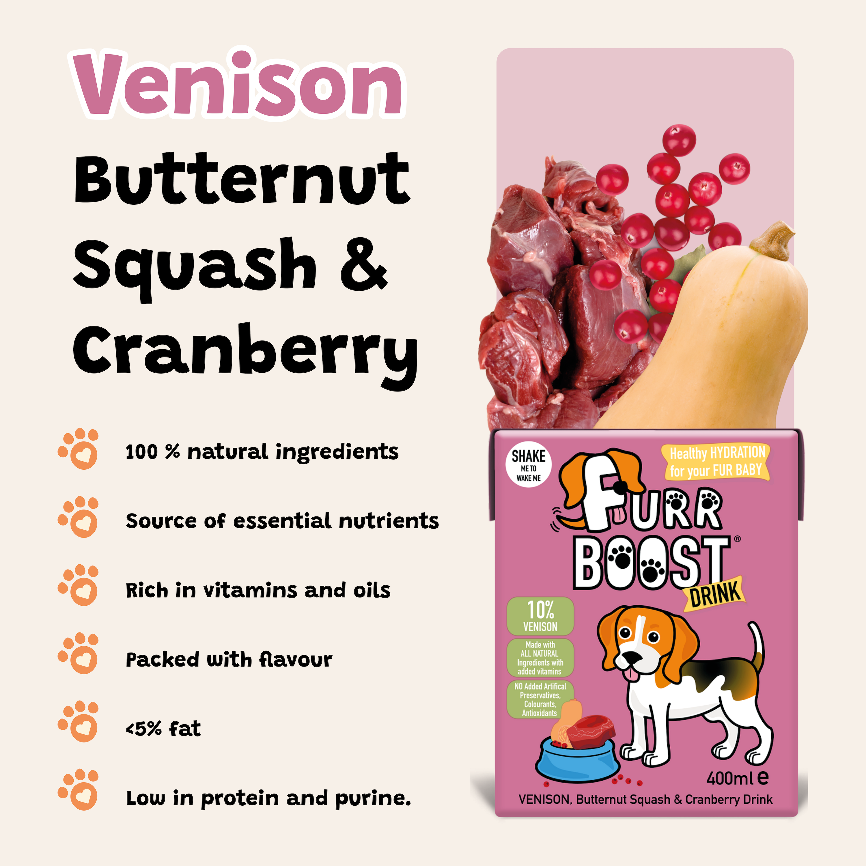 Furr Boost, Venison, Butternut Squash and Cranberry Dog Drink 400ml