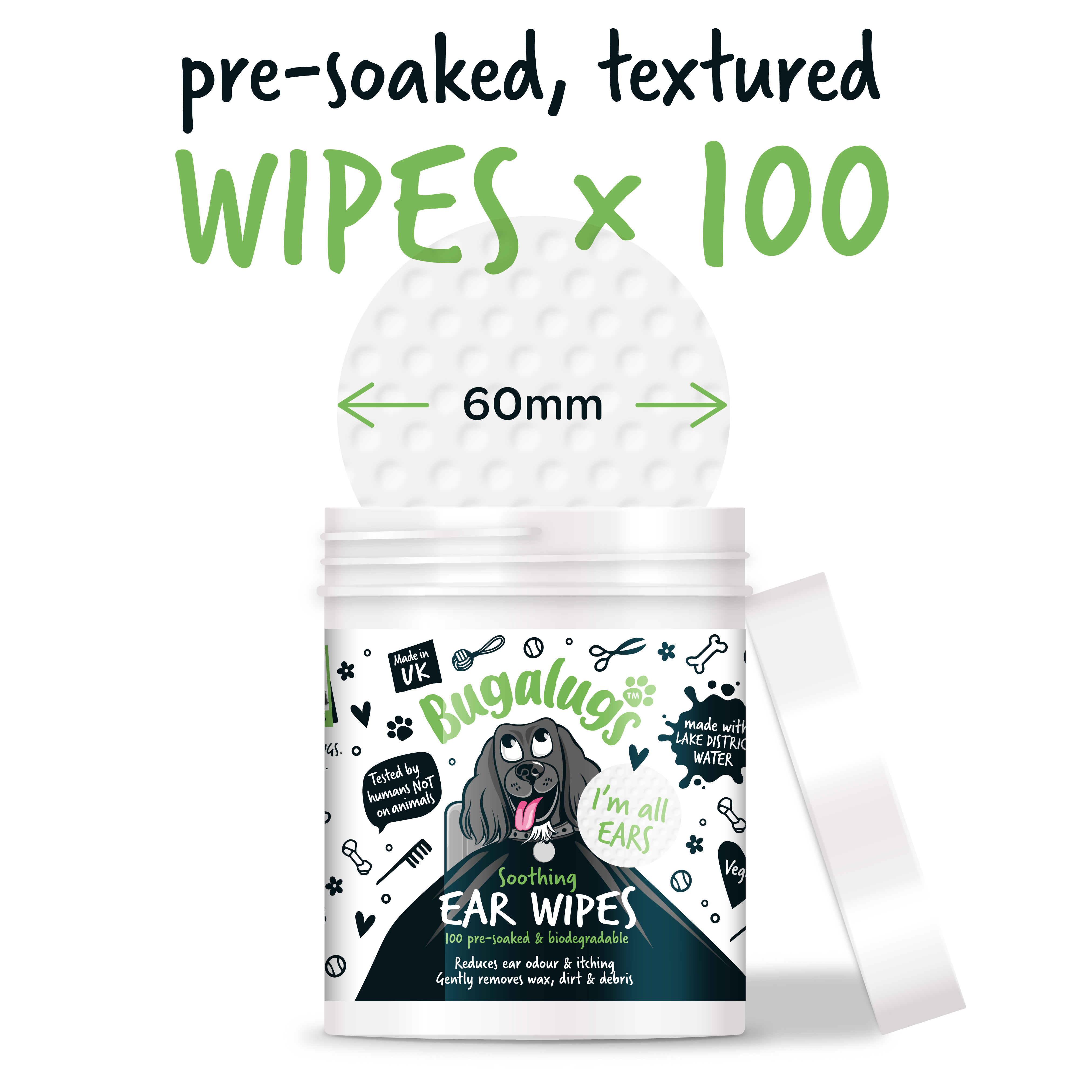 Bugalugs Soothing Ear Wipes (100 pre soaked Bio-Degradable Wipes)