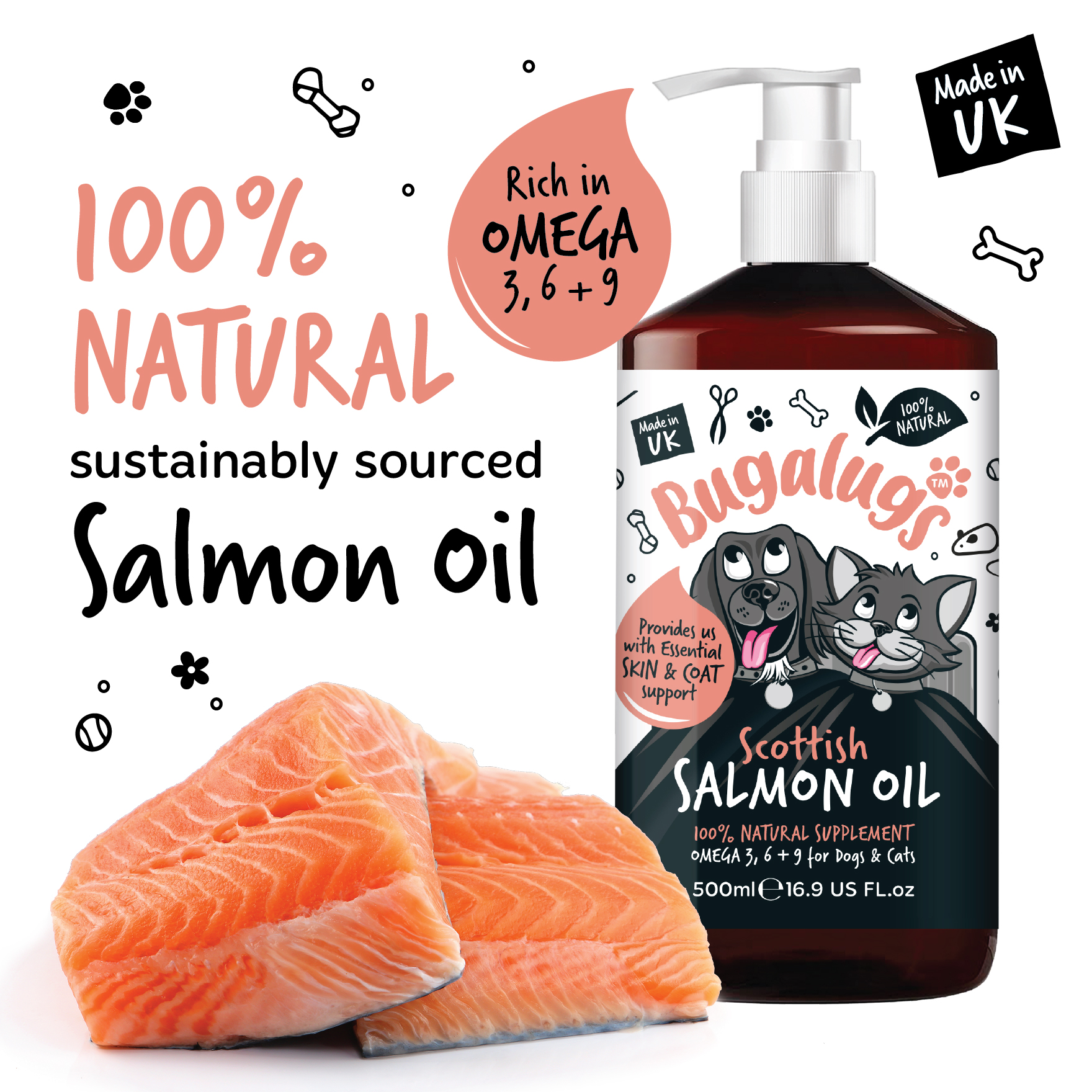 Bugalugs Scottish Salmon Oil 500ml for Dogs & Cats